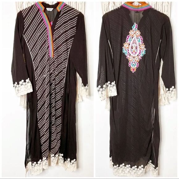 Pakistani / Indian Long Dress Embroidered Beaded Lace Wedding & Party Wear SZ M - Picture 1 of 12